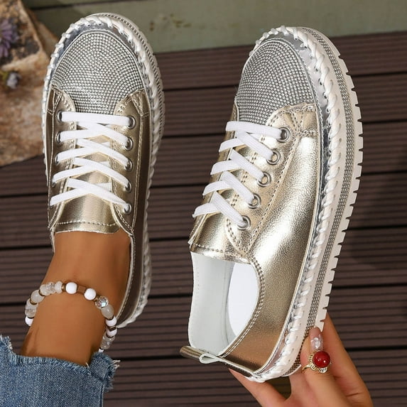 Miluxas Women Glitter Sneakers Sparkly Low Top Sequins Sneakers Lace Up Tennis Shoes Comfort Bling Shoes Fashion Shiny Walking Shoes Rose Gold-A 6.5(38)