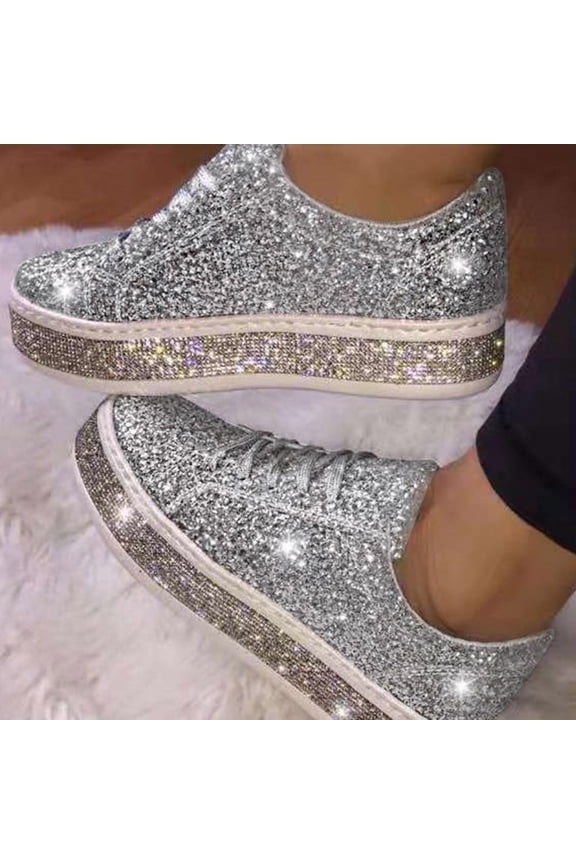 Women Glitter Sneakers Sparkly Low Top Sequins Sneakers Lace Up Tennis Shoes Comfort Bling Shoes Fashion Shiny Walking Shoes Silver-B 6.5(38)