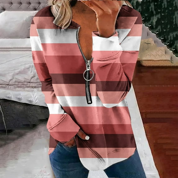 Miluxas Women Harajuku Oversized Stripe Casual Long Sleeves Crewneck T-Shirt Tee Tops Clearance Watermelon Red 6(M)
