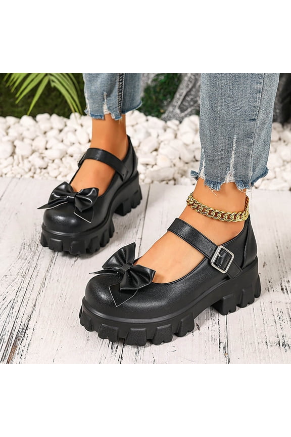 Women Heel Mary Jane Lace Pumps with Bow Wedge Boots Cross Strap Block Heel Black 5.5(36)