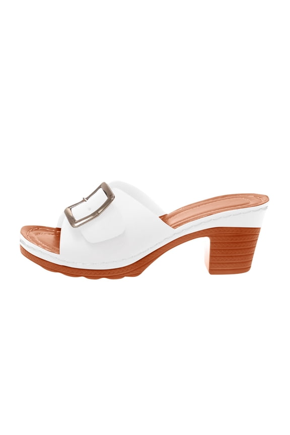 Women High Heel Slide Sandals Summer Non Slip Chunky Heel Slippers Comfortable Arch Support Orthopedic Shoes with Metal Buckle Wedges Sandals White 8.5(41)