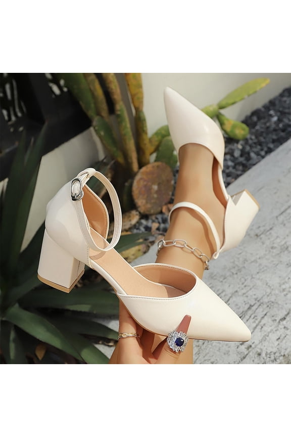 Women High Heels Chunky Block Pumps Pointed Closed Toe Ankle Strap Sandals Dress Wedding Shoes Beige 5.5(36)