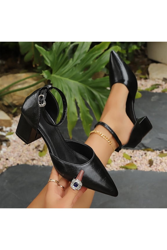 Women High Heels Chunky Block Pumps Pointed Closed Toe Ankle Strap Sandals Dress Wedding Shoes Black 7(39)