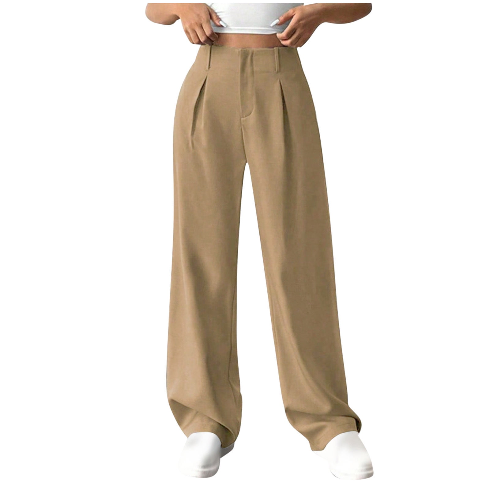 Miluxas Women High Waist Casual Straight Leg Dress Pants office Work  Trousers Suit Pants Back Elastic Commuter Suit Pants Khaki L(L)