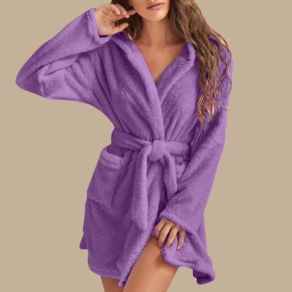 Miluxas Women Hooded Fleece Robe, Short Plush Robes for Womens with Hood Soft Warm Spa Bathrobe Clearance Purple 10(XL)