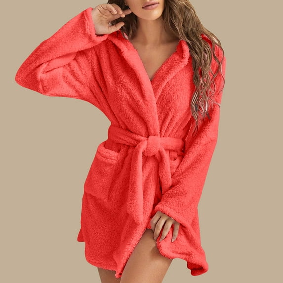 Miluxas Women Hooded Fleece Robe, Short Plush Robes for Womens with Hood Soft Warm Spa Bathrobe Clearance Watermelon Red 14(XXXL)