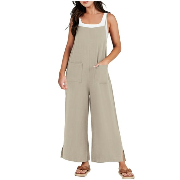 Miluxas Women Jumpsuit Casual Loose Linen Wide Leg Baggy Overalls Long Pants Beach Vacation Rompers with Pockets Khaki