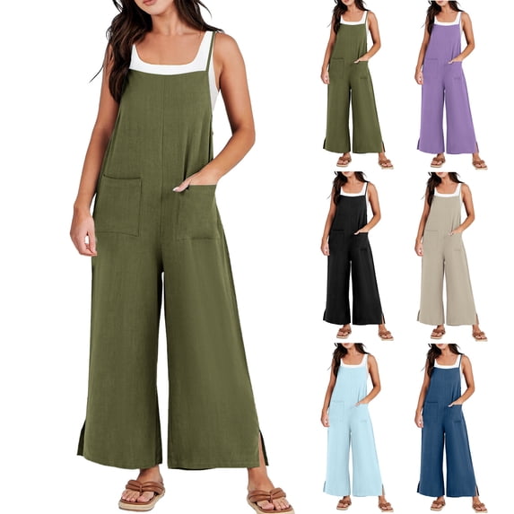 Miluxas Women Jumpsuit Casual Loose Linen Wide Leg Baggy Overalls Long Pants Beach Vacation Rompers with Pockets Purple