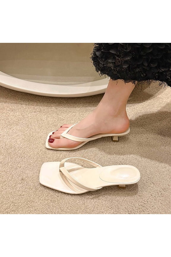 Women Kitten Heel Thong Sandals Square Open Toe Flip Flop Sandals Low Heel Fashion Party Dress Heeled Sandals Beige 7.5(40)