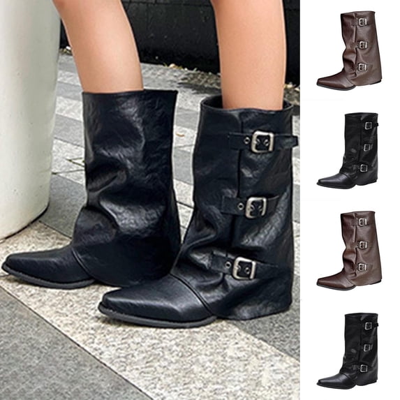 Miluxas Women Knee High Boots Casual Round Toe Pull On Riding Biker Boots Fold Over Chunky Low Heel Platform Boot Brown 9(42)