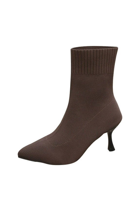 Women Knitted Elastic Stiletto Heel Chelsea Dress Sock Boots Solid Color Pointed Toe High Top Ankle Dress Boots Brown 9.5(43)