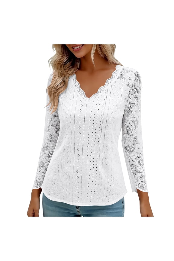 Women Lace Elegant Blouse V Neck Long Sleeve Eyelet Solid Tops Fashion Clothes White