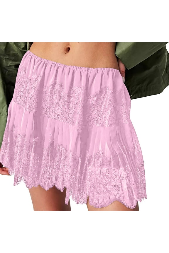 Women Lace Mini Skirt Elastic Low Rise Ruffle Half Slip Skirt Layered Pleated Flowy Short Skirt Streetwear Pink L(L)