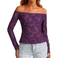 thumbnail image 1 of Miluxas Women Lace Sheer off Shoulder Tops Hollow Out See Through Mesh Base Layer Shirts Long Sleeve Slim Blouse Purple, 1 of 7