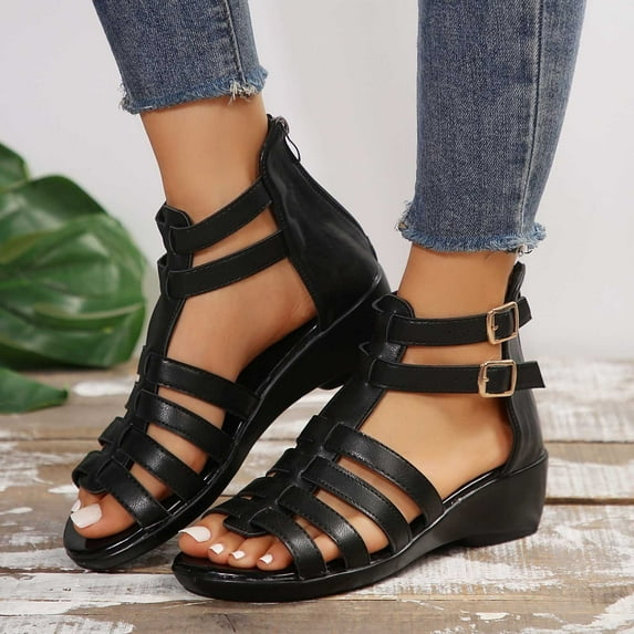 Miluxas Women Leather High Top Gladiator Sandals ,Summer Peep Toe Hollow Back Zipper Dressy Flat Roman Sandals Wedges Sandals Black 9.5(43)