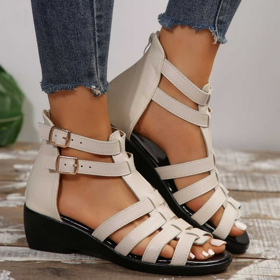Miluxas Women Leather High Top Gladiator Sandals ,Summer Peep Toe Hollow Back Zipper Dressy Flat Roman Sandals Wedges Sandals White 5.5(36)