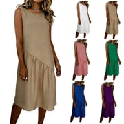 Miluxas Womens Summer Dresses Cute Sleeveless Boat Neck Bowknot Ruffle Pleated A Line Flowy Mini Dress White XLXL