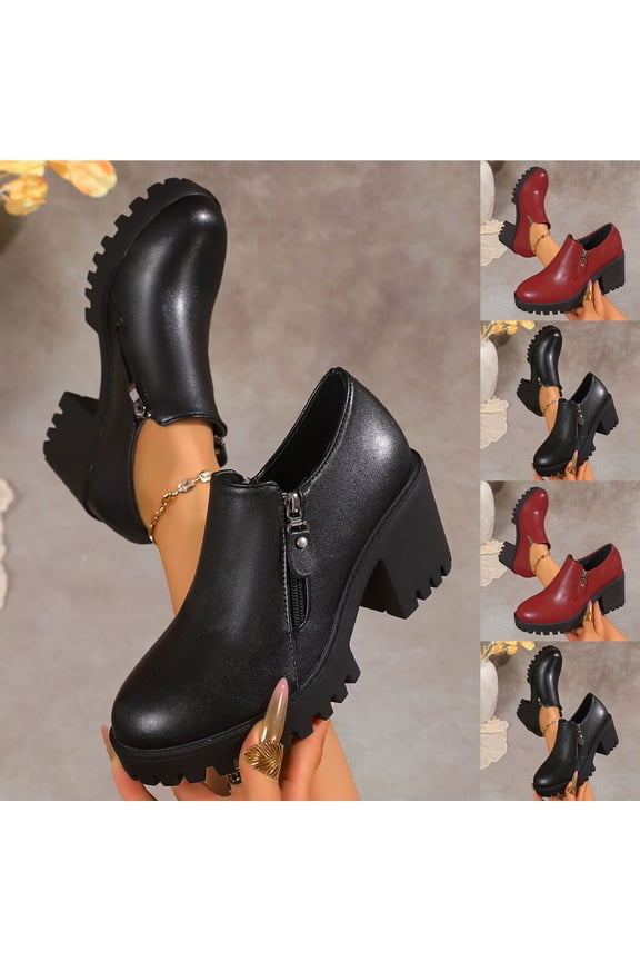 Women Loafers Platform Chunky High Heel Slip on Casual Zipper Dressy office Business Shoes Red 9.5(43)