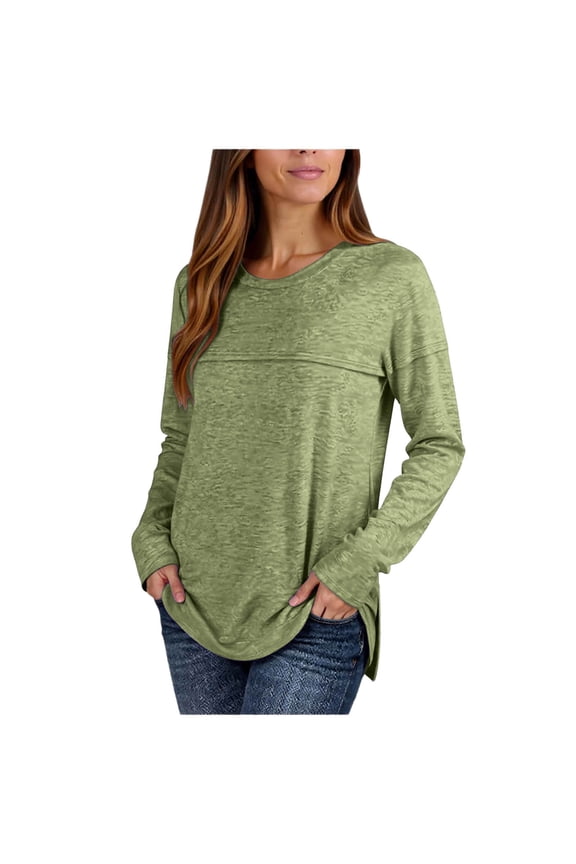 Women Long Sleeve Shirts Fall Tunic Tops Casual Loose Fit Crewneck Split Side Dressy Basic T-Shirts Green XXL(XXL)