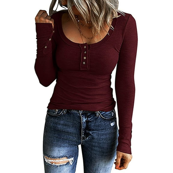 Miluxas Women Long Sleeve Tops Casual Ribbed Basic Cami Top Slim Henley Button Blouse Solid Shirt Red 8(L)