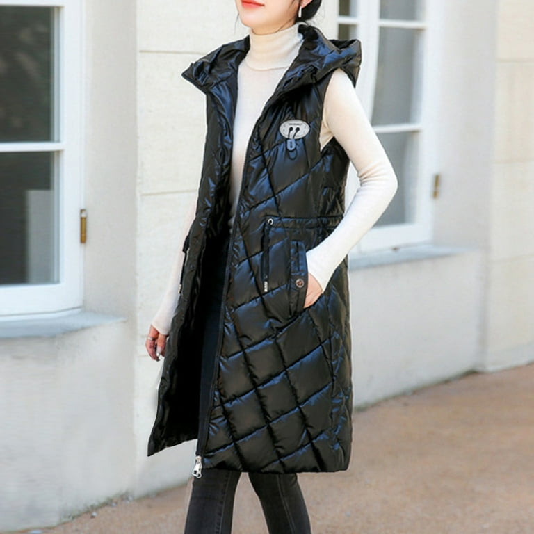 Miluxas Women Long Vest Solid Color Sleeveless Hood Winter Vest