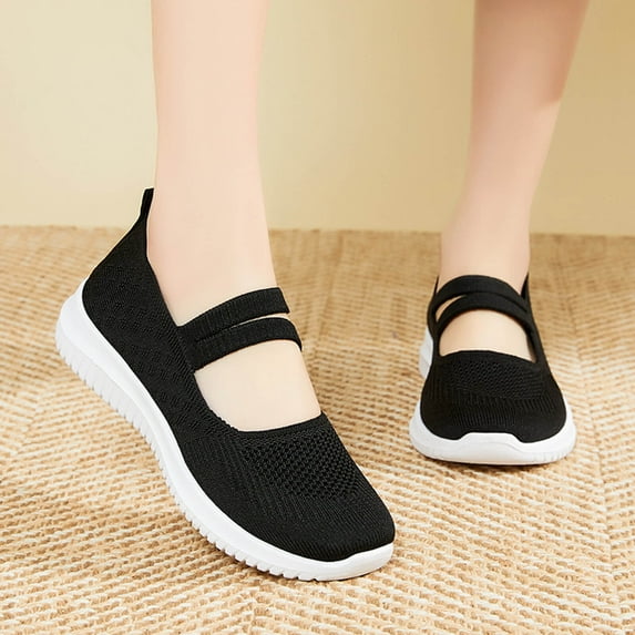 Miluxas Women Mary Jane Shoes Slip On Walking Flats Comfortable Dressy Knit Washable Casual Nurse Shoe Black 8.5(41)
