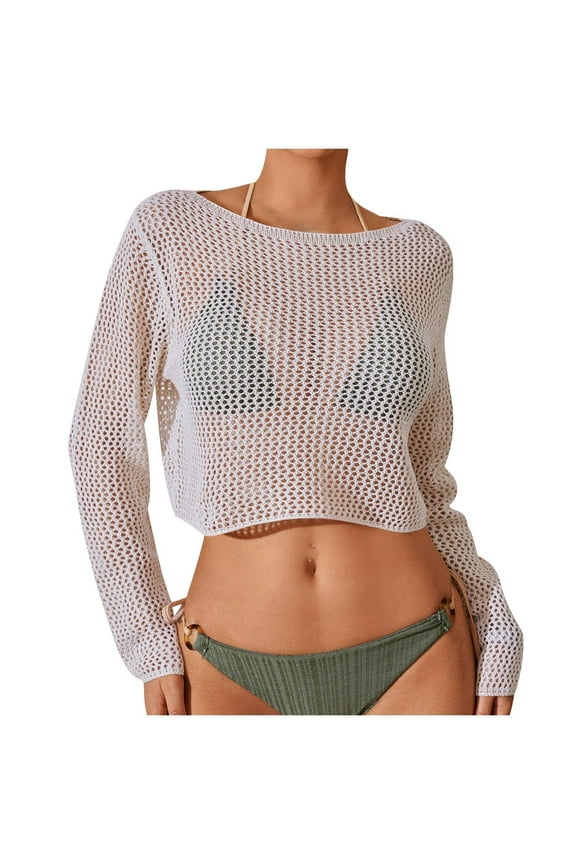 Women Mesh Crochet Crop Top Long Sleeve Hollow Out Knit Sweater Bikini Beach See Through Cover Ups White Free Size
