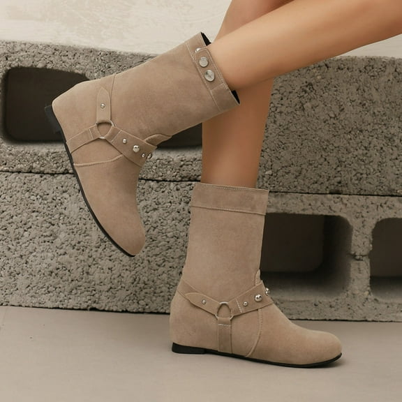 Miluxas Women Mid-Calf Boots Slip on Comfy Flat Booties Fall Winter Retro Casual Walking Short Boots Beige 6(37)