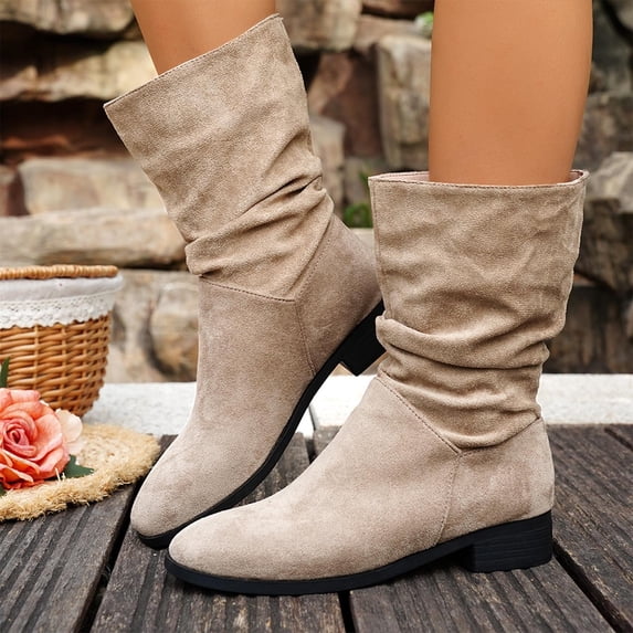 Miluxas Women Mid Calf Boots Suede Calf High Boots Flats Heel Long Boots Wide Calf Winter Boots Round Toe Flat Boots Khaki 6.5(38)