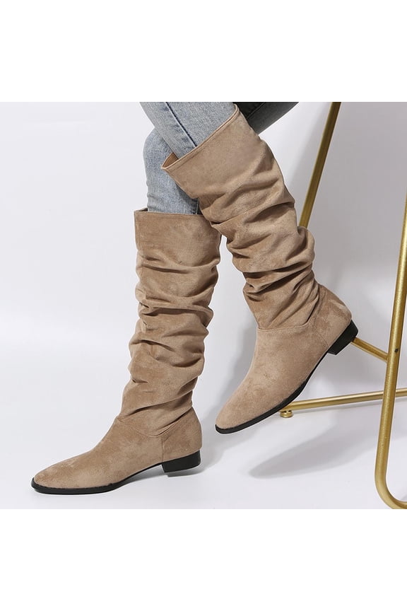 Women Mid Calf Slouch Boots Suede Calf High Boots Flats Flat Heel Long Boots Wide Calf Winter Boots Round Toe Flat Boots Retro Work Casual Comfort Winter