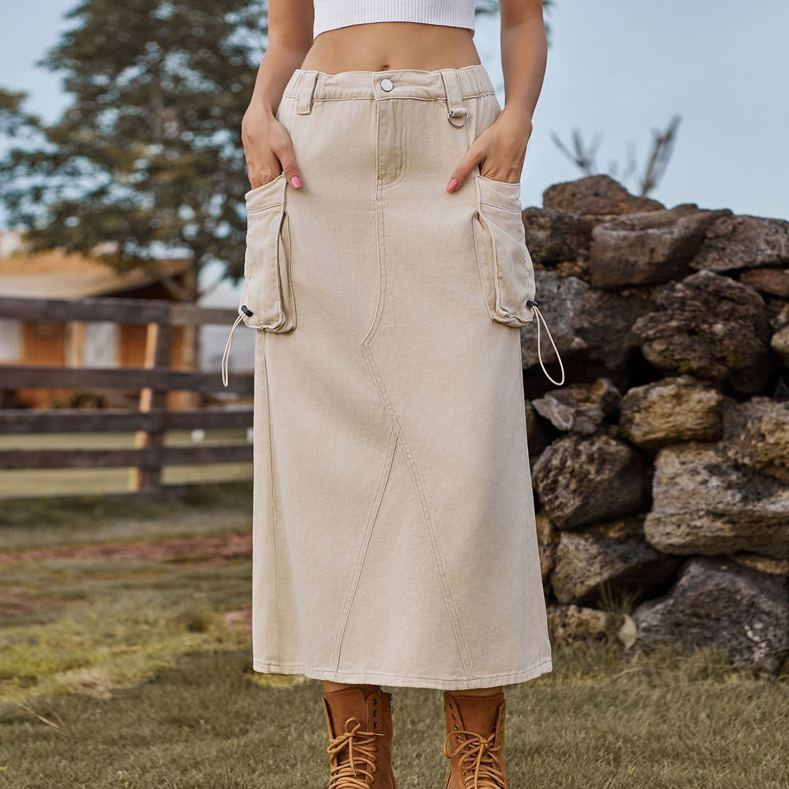 Khaki denim skirt midi outlet