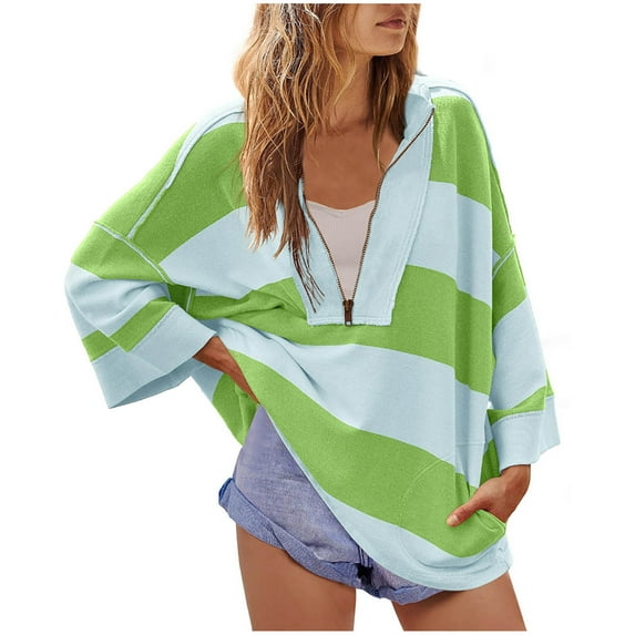 Miluxas Women Oversized Striped Tee Shirts Half Zip Long Sleeve Colorblock T-shirts Loose Fit V-Neck Casual Pullover Tee Tops Green 8(L)