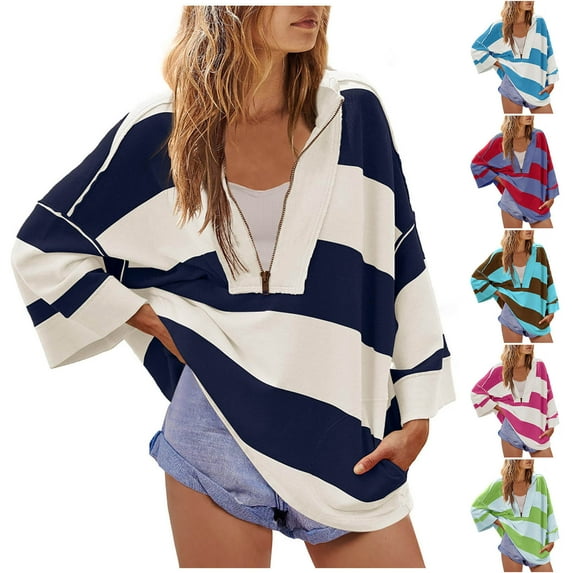 Miluxas Women Oversized Striped Tee Shirts Half Zip Long Sleeve Colorblock T-shirts Loose Fit V-Neck Casual Pullover Tee Tops Sky Blue 10(XL)