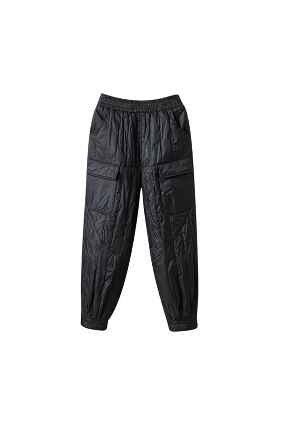 Women Padded Quilted Pants Fall Winter Cotton Warm Casual Wide Leg Pants Elastic Waist Trousers with Pockets Black 8(L)