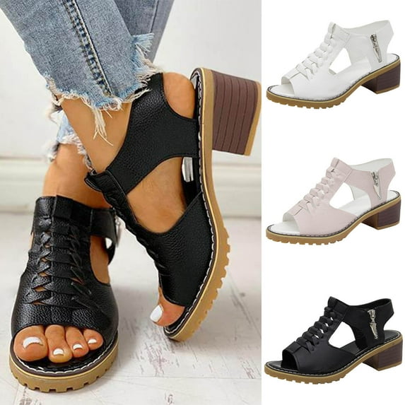 Miluxas Women Peep Toe Cutout Orthotic Sandals ,Zipper Chunky Heeled Comfy Wedge Sandals Fish Mouth Round Toe Dress Shoes White 10(43)