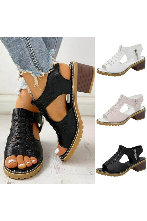 Women Peep Toe Cutout Orthotic Sandals ,Zipper Chunky Heeled Comfy Wedge Sandals Fish Mouth Round Toe Dress Shoes White 10(43)