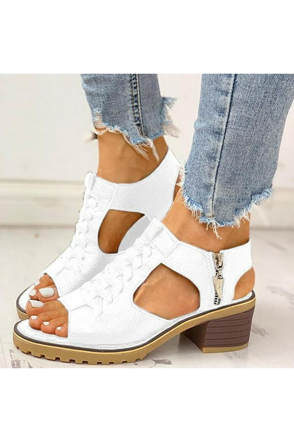 Women Peep Toe Cutout Orthotic Sandals ,Zipper Chunky Heeled Comfy Wedge Sandals Fish Mouth Round Toe Dress Shoes White 8(40)