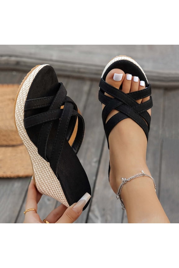 Women Platform Wedge Sandals Peep Toe Slingback Dress Shoes Summer Roman Beach Sandals Black 6(37)