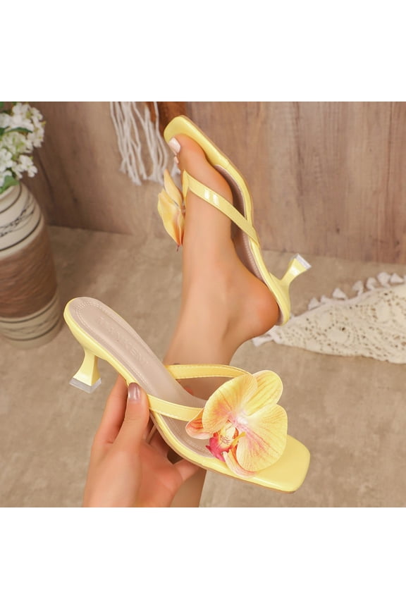 Women Plus Size Flower Sandals Square Toe Flip Flops Slip on High Heel Mules Summer Beach Dressy Slide Slippers Yellow 6.5(38)