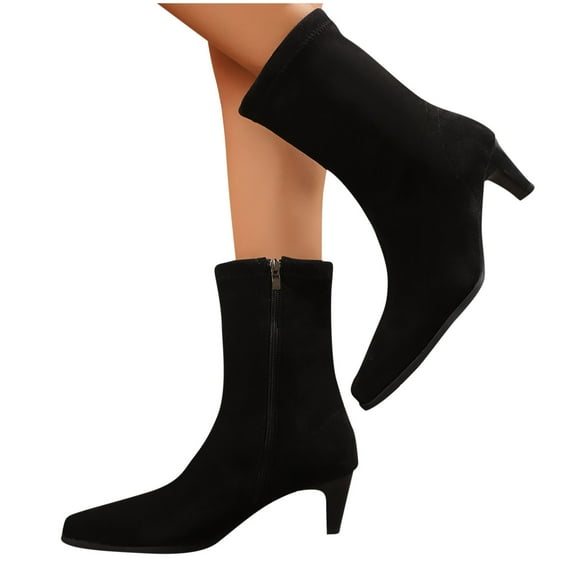 Miluxas Women Pointy Kitten Heel Boots Stretch Booties Low Heel Ankle Boots Black 7(39)