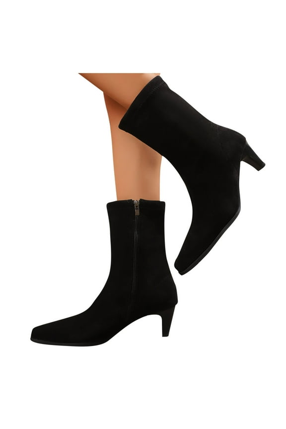 Women Pointy Kitten Heel Boots Stretch Booties Low Heel Ankle Boots Black 8.5(41)