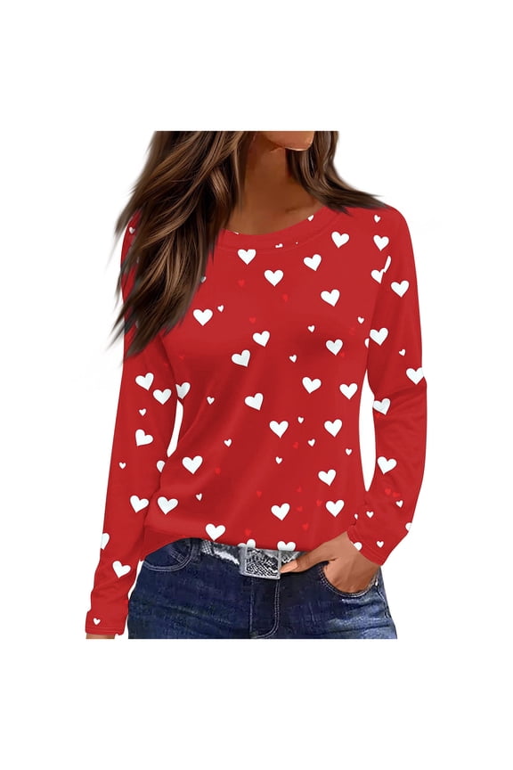 Women Polka Dot Long Sleeve T Shirt Crew Neck Going Out Tops Casual Aesthetic Blouse Red