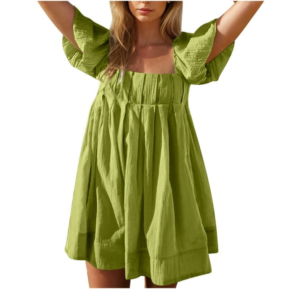 Miluxas Women Puff Sleeve Mini Dress , Square Neck Short Dress Tie Back Flowy Mini Dress Summer Vacation Dress Green XXL