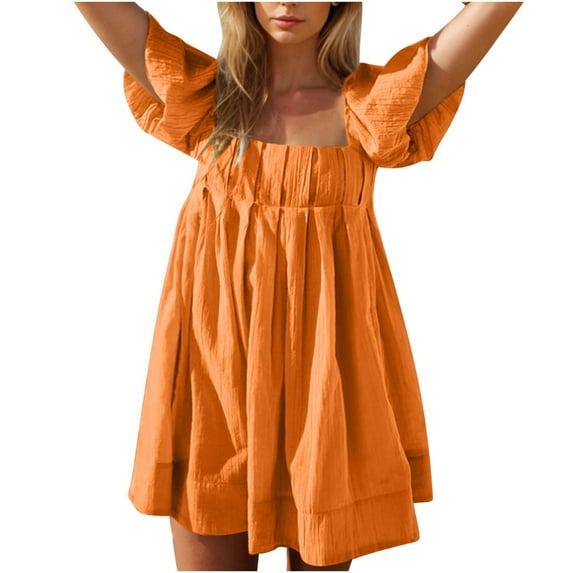 Miluxas Women Puff Sleeve Mini Dress , Square Neck Short Dress Tie Back Flowy Mini Dress Summer Vacation Dress Orange L(L)