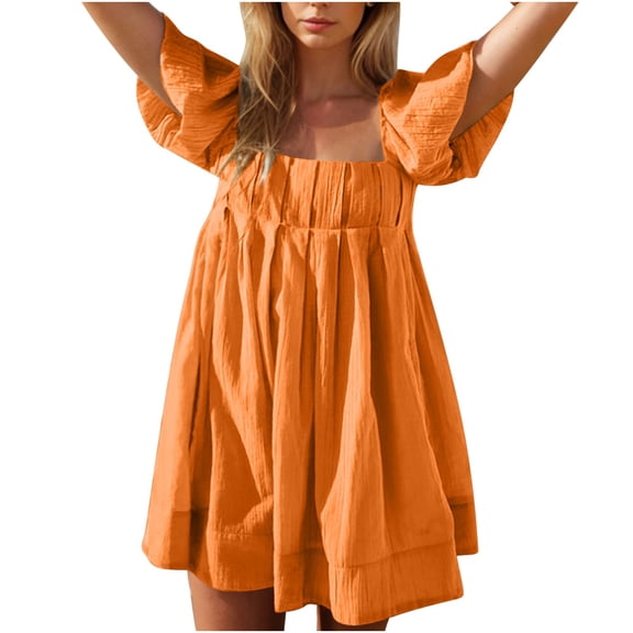 Miluxas Women Puff Sleeve Mini Dress , Square Neck Short Dress Tie Back Flowy Mini Dress Summer Vacation Dress Orange L(L)
