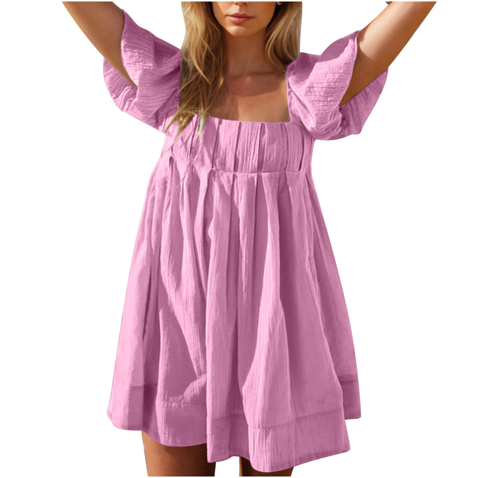 Miluxas Women Puff Sleeve Mini Dress , Square Neck Short Dress Tie Back — free download
