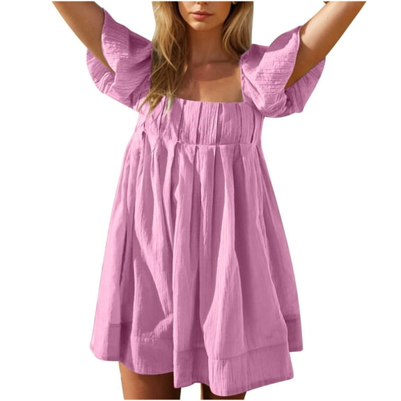 Miluxas Women Puff Sleeve Mini Dress , Square Neck Short Dress Tie Back Flowy Mini Dress Summer Vacation Dress Pink M