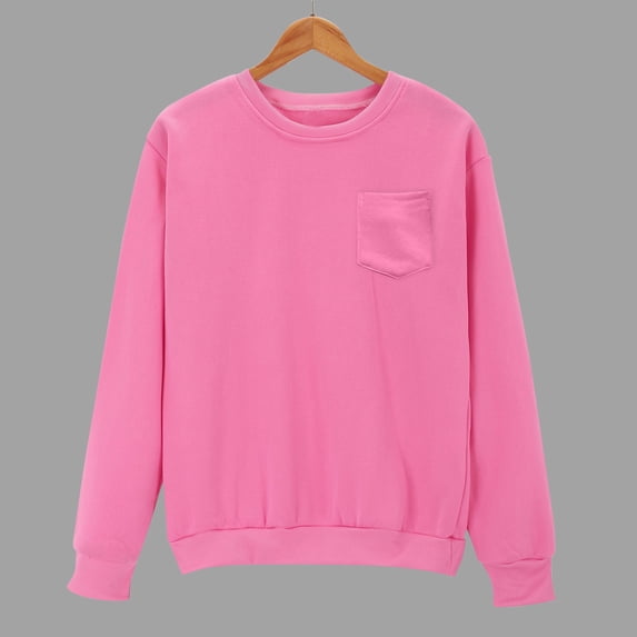 Miluxas Women Pullover Solid Casual Thin Sweatshirts with Pocket Loose Fit Long Sleeve Round Neck Sweatshirt Pink M(M)