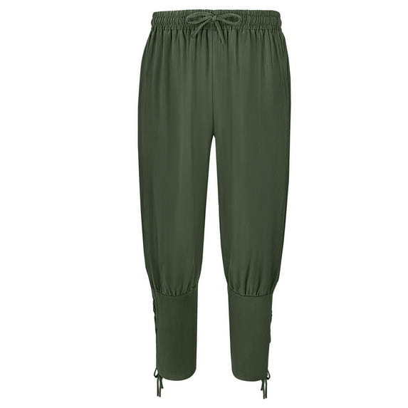 Miluxas Women Retro Performance Leggings Solid Color Casual Drawstring Cotton Linen Pants Army Green 4(S)