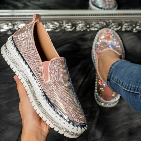Miluxas Women Rhinestone Platform Loafers Clearance,Glitter Fashion Slip-On Sparkle Bling Sequin Sneakers Fall 2024 Casual Flats Pink 5.5(36)